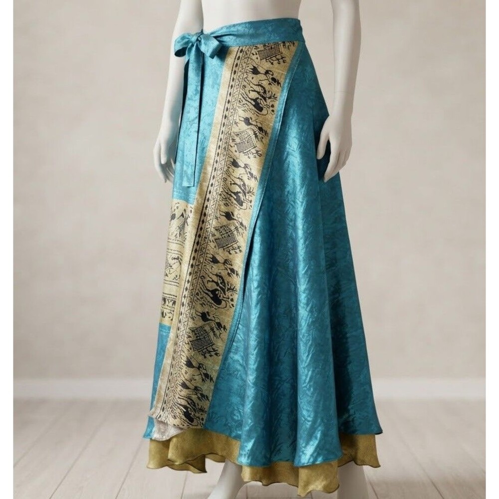 Incredible art Vintage Silk Sari Magic Wrap Skirt Blue Gold Multicolor Hippie